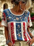 Retro Floral Embroidery Patch Casual Short Sleeved Round Neck Top