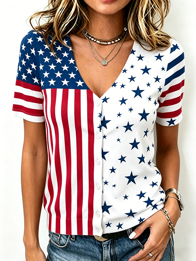 Women'S Vintage USA Flag Color Block V Neck Button Down Short Sleeve Cardigan