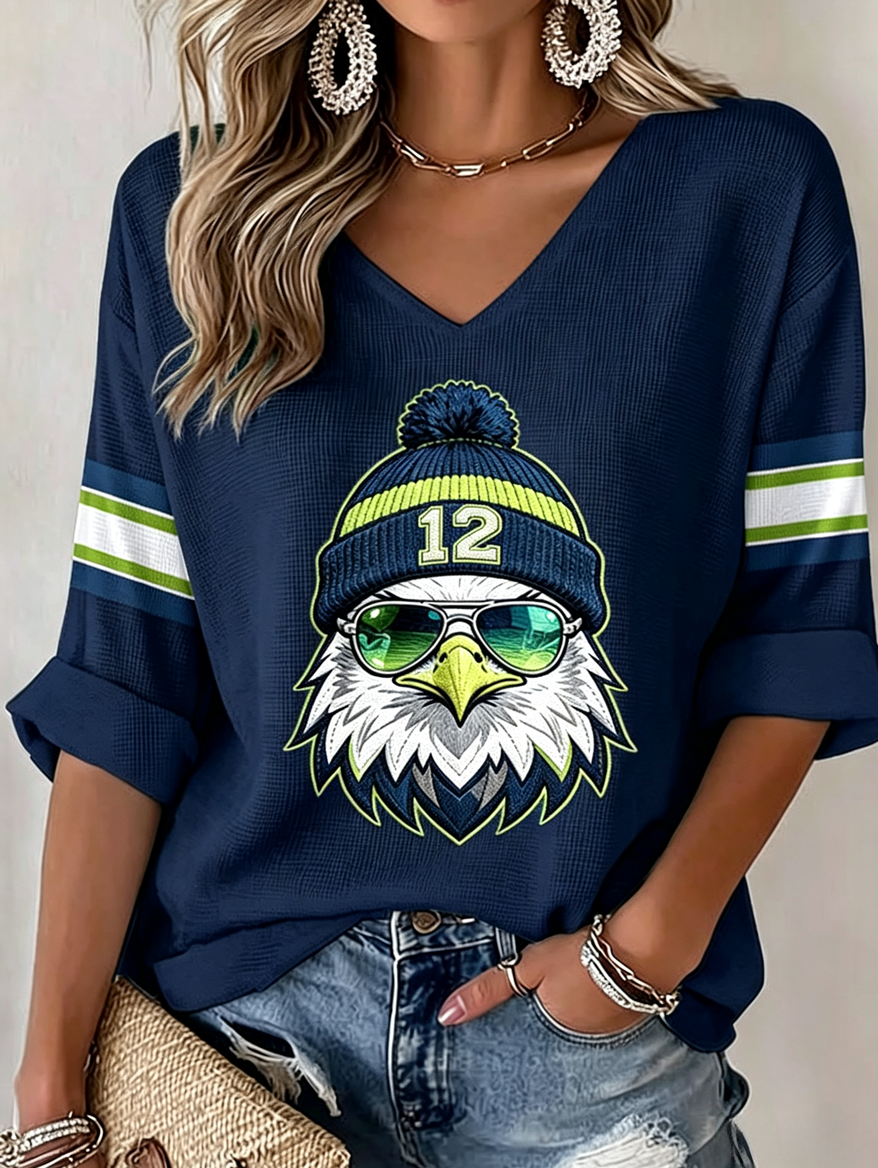 Women'S Seattle Football Vintage Fashion Printed Waffle T-Shirt