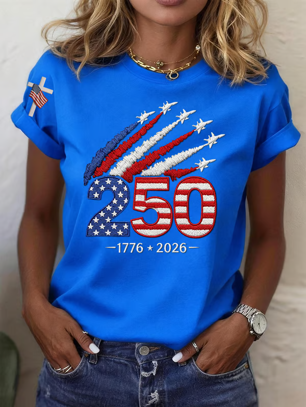 American Women's 250th Anniversary Embroidered Printed Round Neck Short Sleeve T-shirt