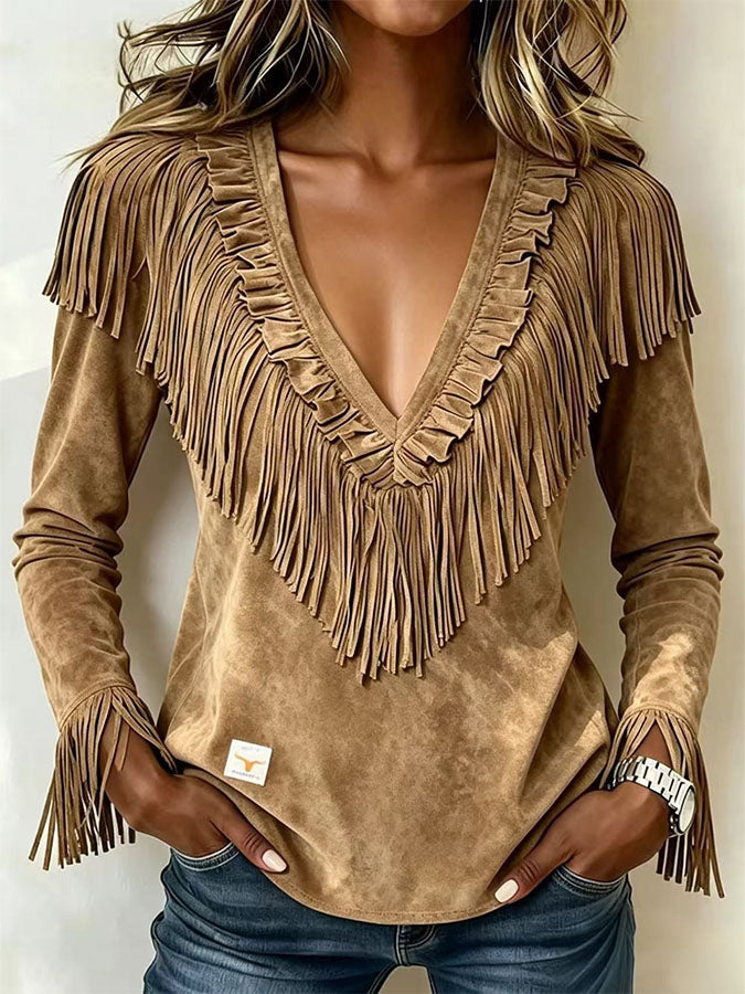 Women'S Casual Tassel Suede Autumn And Winter V-Neck Slim Fit Top