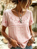 Retro Flower Embroidery Personalized Printed Pattern Casual T-Shirt