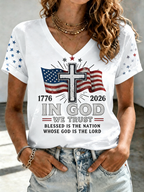 Women's In God We Trust 1776 2026 American Flag Cross Vintage Short Sleeve V Neck Tee