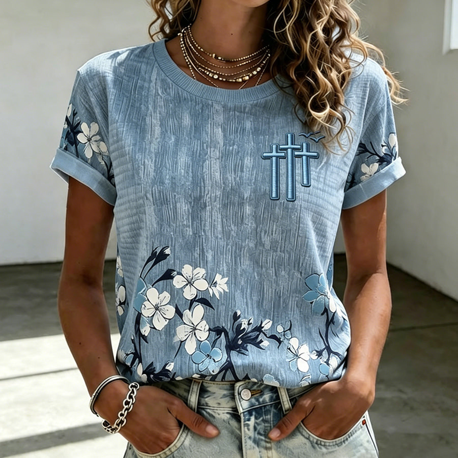 Women'S Casual Floral Print Cross Round Neck Short Sleeved T-Shirt