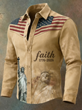 Men'S Retro 250Th Anniversary Founding Celebration Printed Splicing Long Sleeve Button Up Shirt