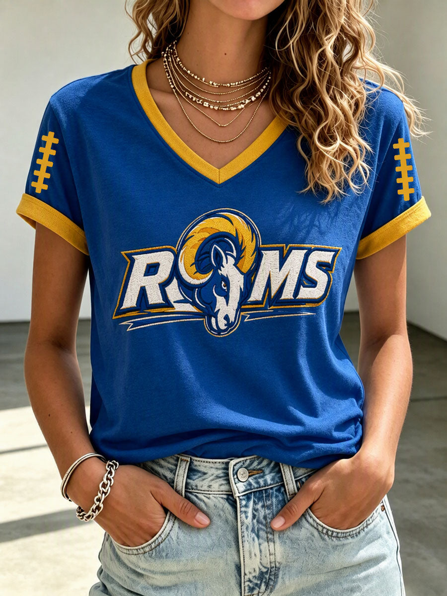 Women's Rams Football Game Print V-Neck T-Shirt