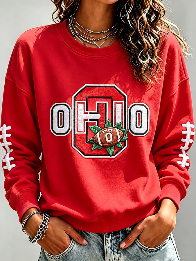 Women'S Embroidered Rugby Round Neck Top