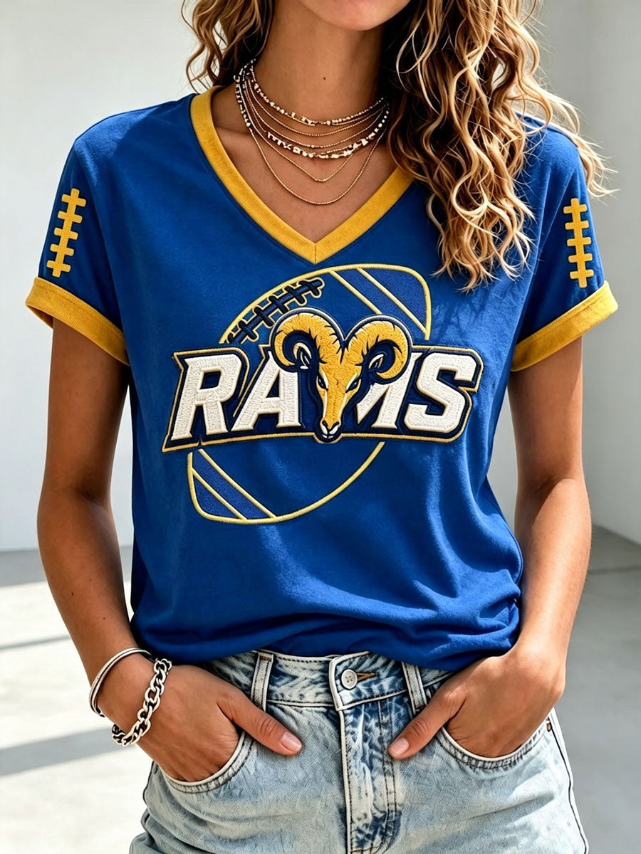 Women's Rams Football Game Print V-Neck T-Shirt