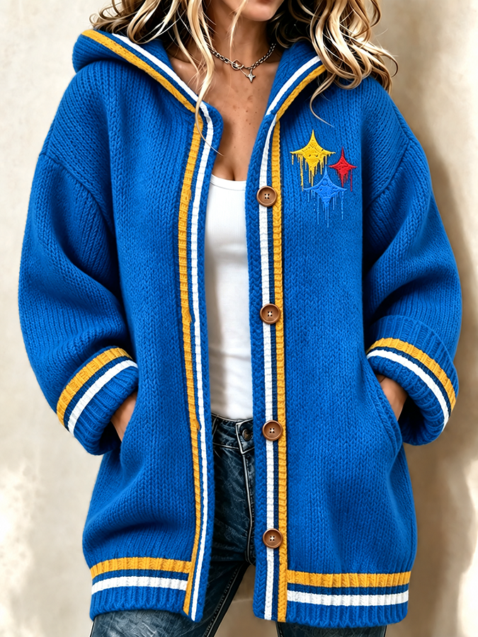 Women'S Football Printed Casual Knitted Hooded Cardigan