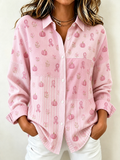 Women's Pink  Print Lapel Long Sleeve Shirt