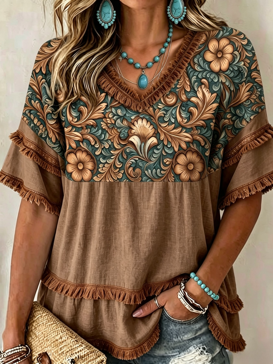 Women's Western Vintage Art Patchwork Irregular Ruffles Shirt