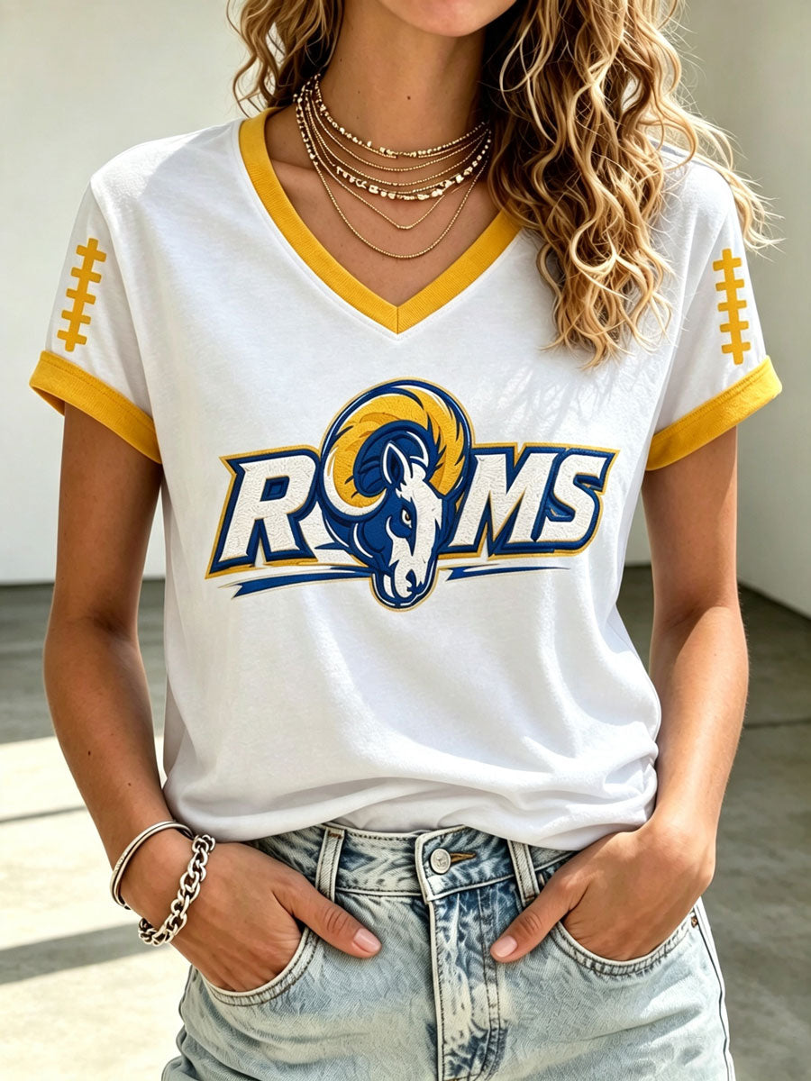 Women's Rams Football Game Print V-Neck T-Shirt