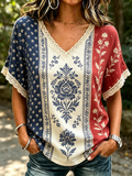 Women'S Casual Patriotic Retro Floral Print V-Neck Pleated Sleeve T-Shirt
