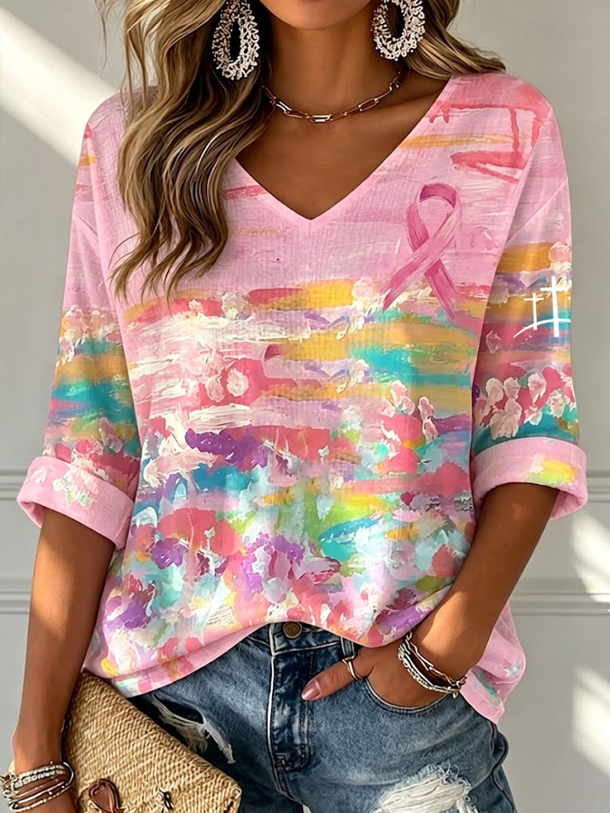 Women'S Pink Art Printed Waffle T-Shirt