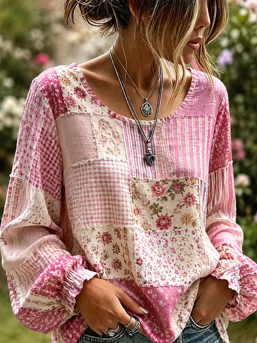 Women'S Cotton And Linen Patchwork Comparison Round Neck Long Sleeved Shirt