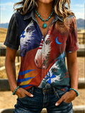Women'S Retro Western Style Cross Short Sleeved Shirt
