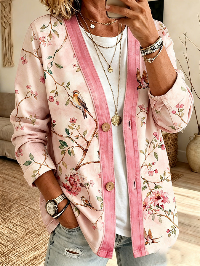 Women'S Casual Pink Floral Cardigan Top