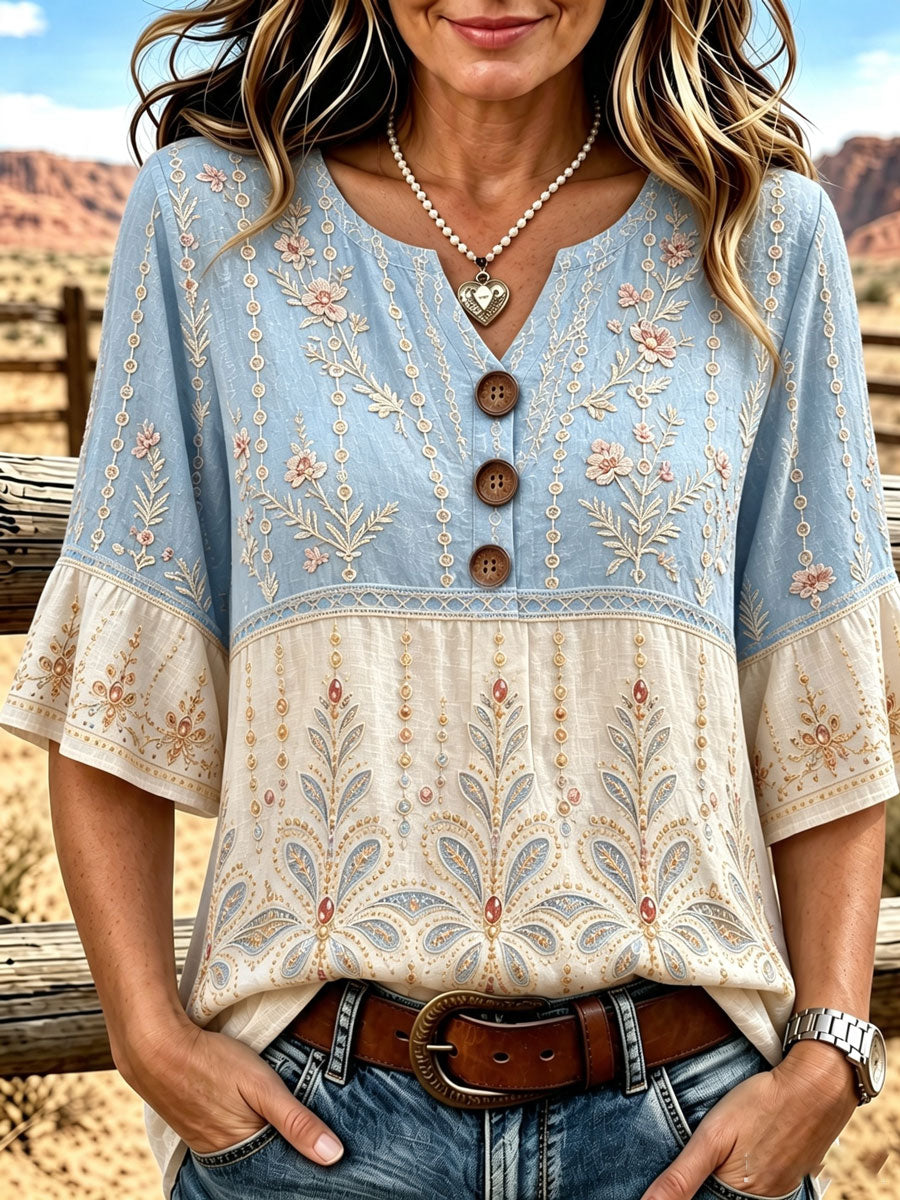 Ladies' Western Style Cotton Linen Casual Top