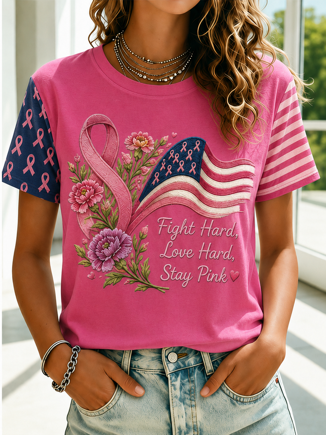 Women'S Casual Breast Cancer Awareness Promotion Pink Art T-Shirt