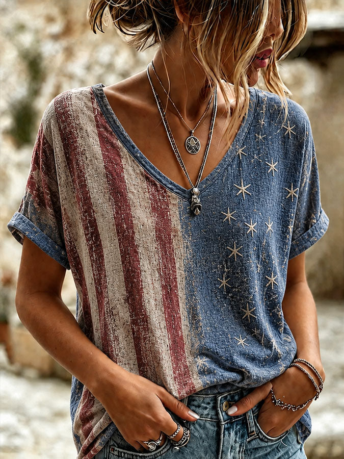 Women'S Retro Independence Day Printed Casual Short Sleeved T-Shirt
