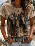 Retro Ethnic Floral Art Printed Round Neck Women's T-Shirt
