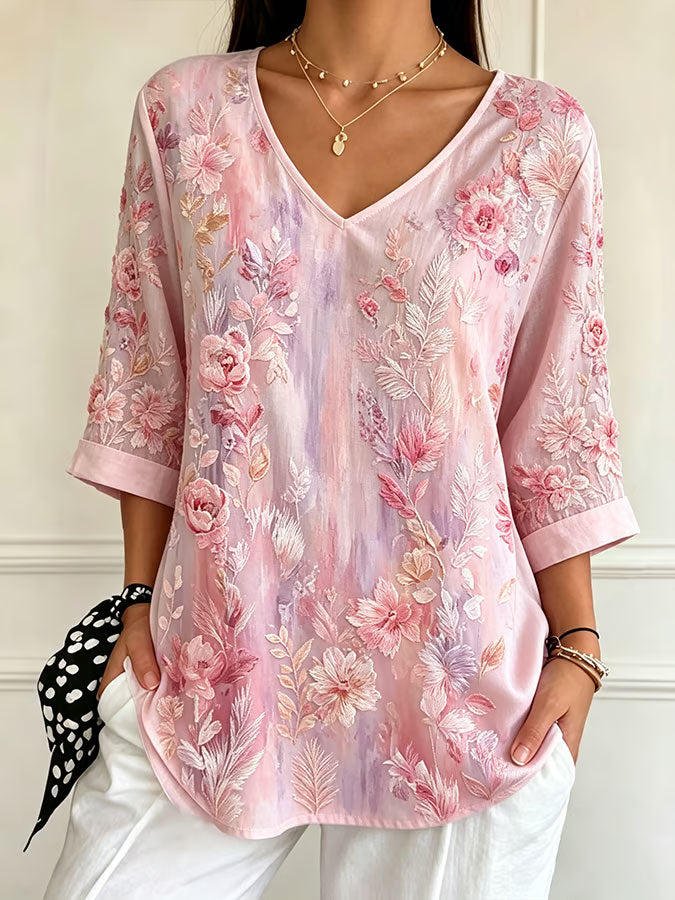 Women'S Pink Floral Printed V Neck 3/4 Sleeve Casual Tee
