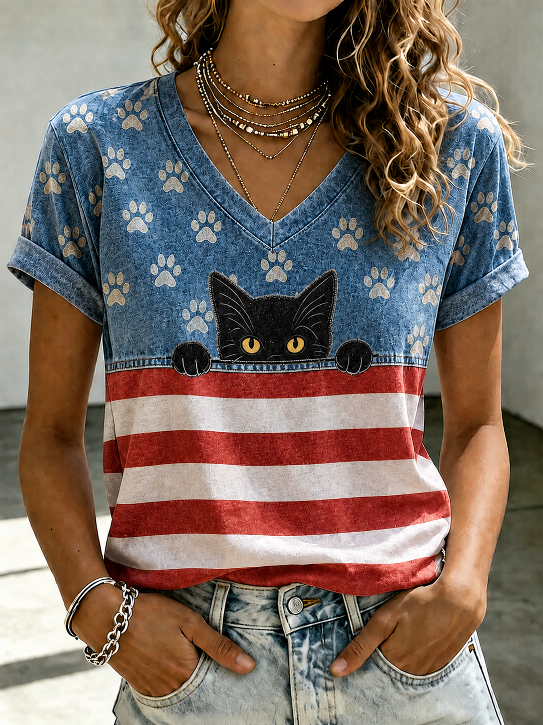 Women'S American Flag Cat Printed Casual T-Shirt
