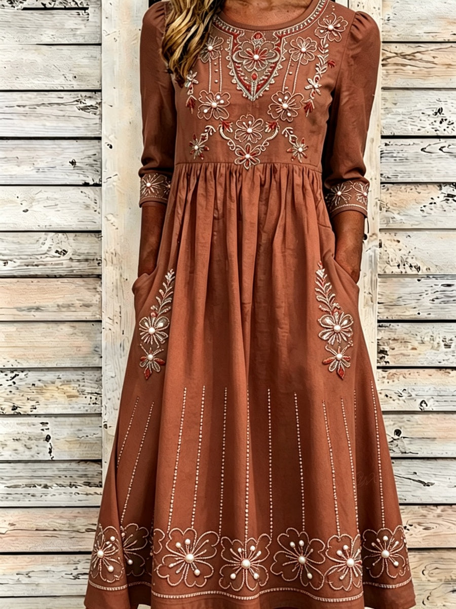 Vintage Western Floral Print Women's Long-Sleeve Linen Maxi Dress