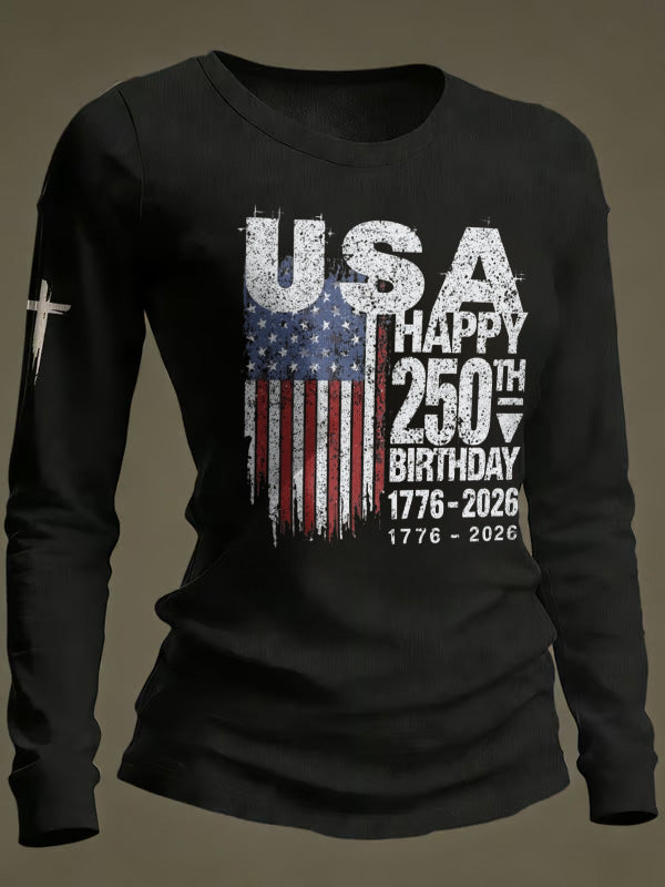 Ladies' Leisure 250Th Anniversary National Day Celebration Round Neck Long Sleeve T-Shirt