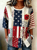 Women's Independence Day Flag & Floral Pattern Casual Tie-front Shirt
