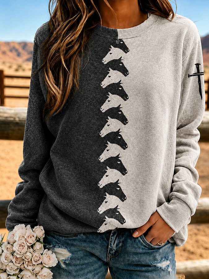 Women's Western Style Cross Print Round Neck Sweatshirt