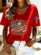 Women'S America Flag Print Casual V-Neck T-Shirt