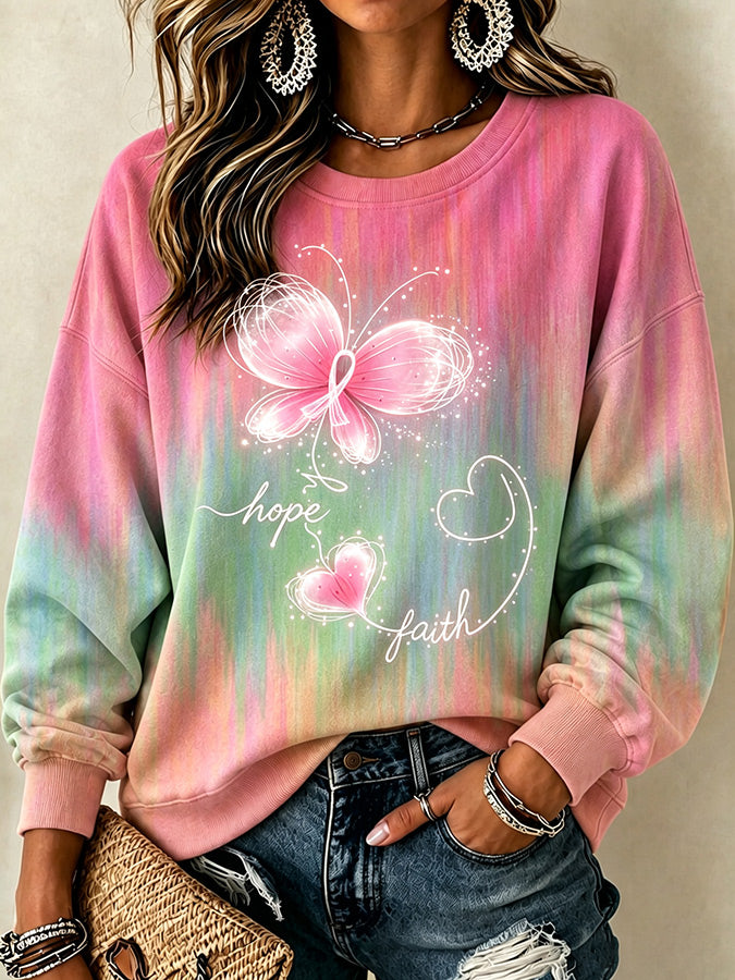 Ladies' Casual Pink Wish Butterfly Round Neck Sports Shirt