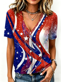 Women'S Patriotic Star Firework American Flag Print V Neck Casual Blouse