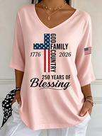 Women's God Family Country Flag Cross V Neck 3/4 Sleeve Casual Tee