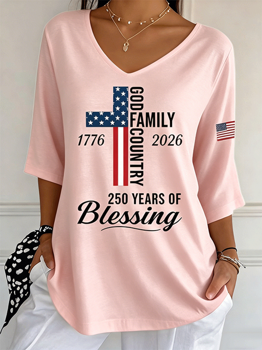 Women's God Family Country Flag Cross V Neck 3/4 Sleeve Casual Tee