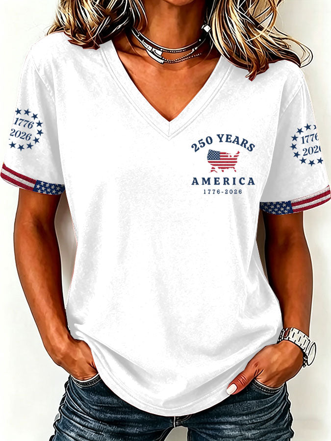 Women'S America Flag  Print Casual V-Neck T-Shirt