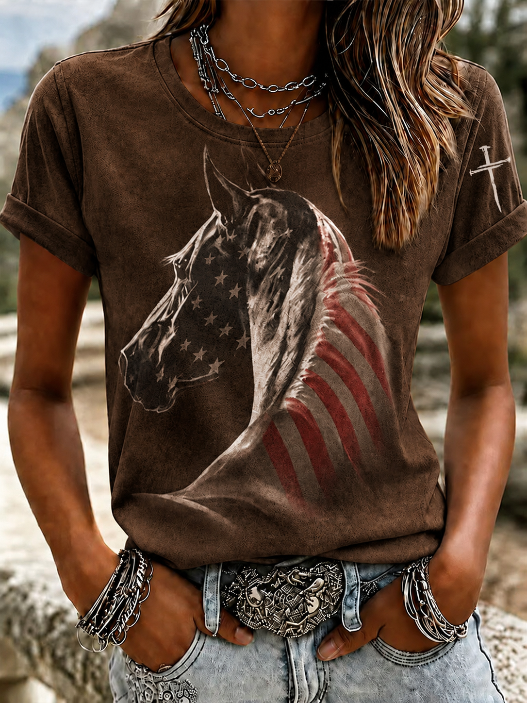 Women'S Western Horse Art Faith Art Printed Round Neck T-Shirt