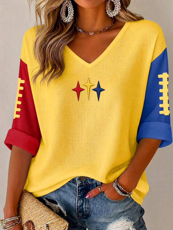 Women's Football Three Color Print Waffle Top