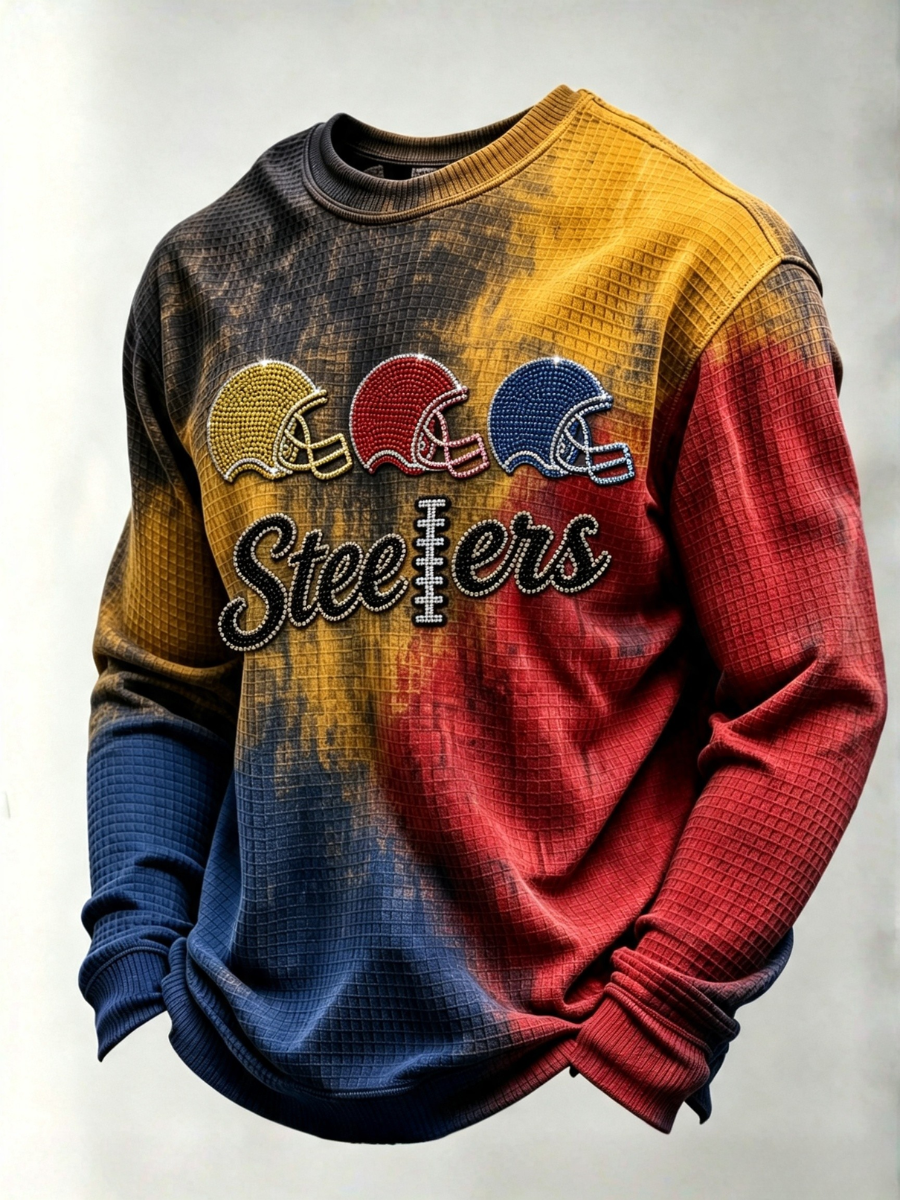 Men's Football Print Men's Waffle Crewneck Sweatshirt