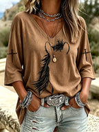 Women'S Casual V-Neck Western Faith Seven Quarter Sleeve T-Shirt