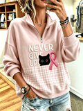 Women'S Never Give Up Cat Plaid Quarter Zip Sweatshirt