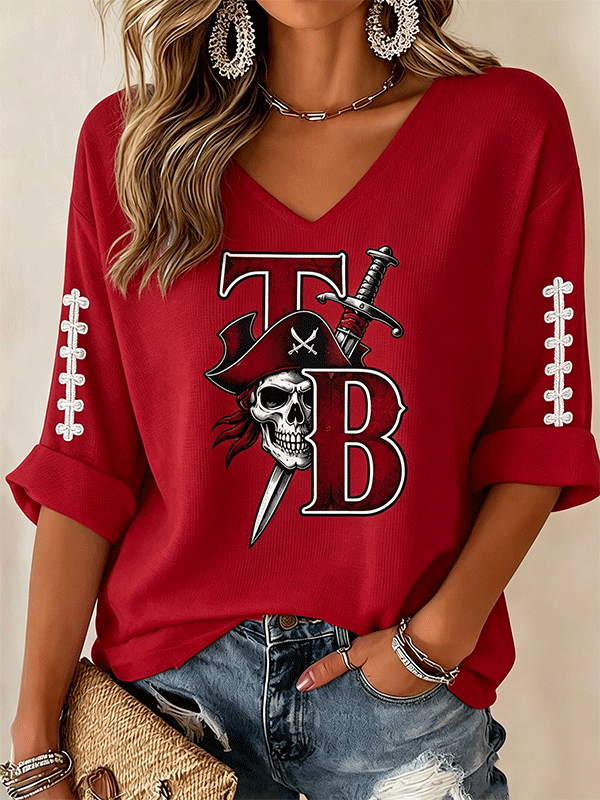 Women's Football Print Casual Waffle Top