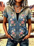 Ladies' Western Style Floral Zipper Hooded Top