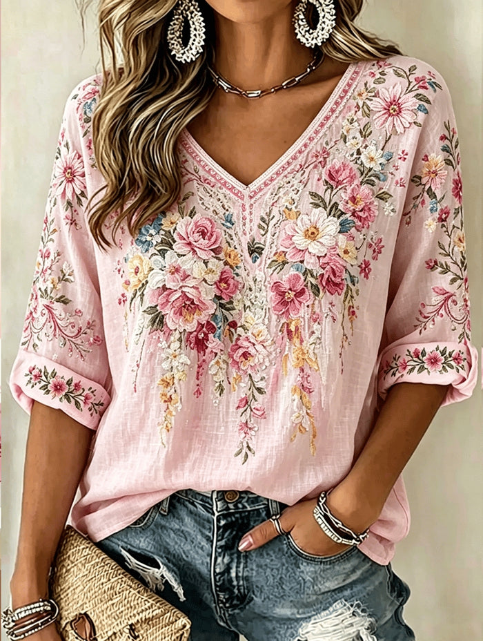 Women'S V-Neck Printed Shirt