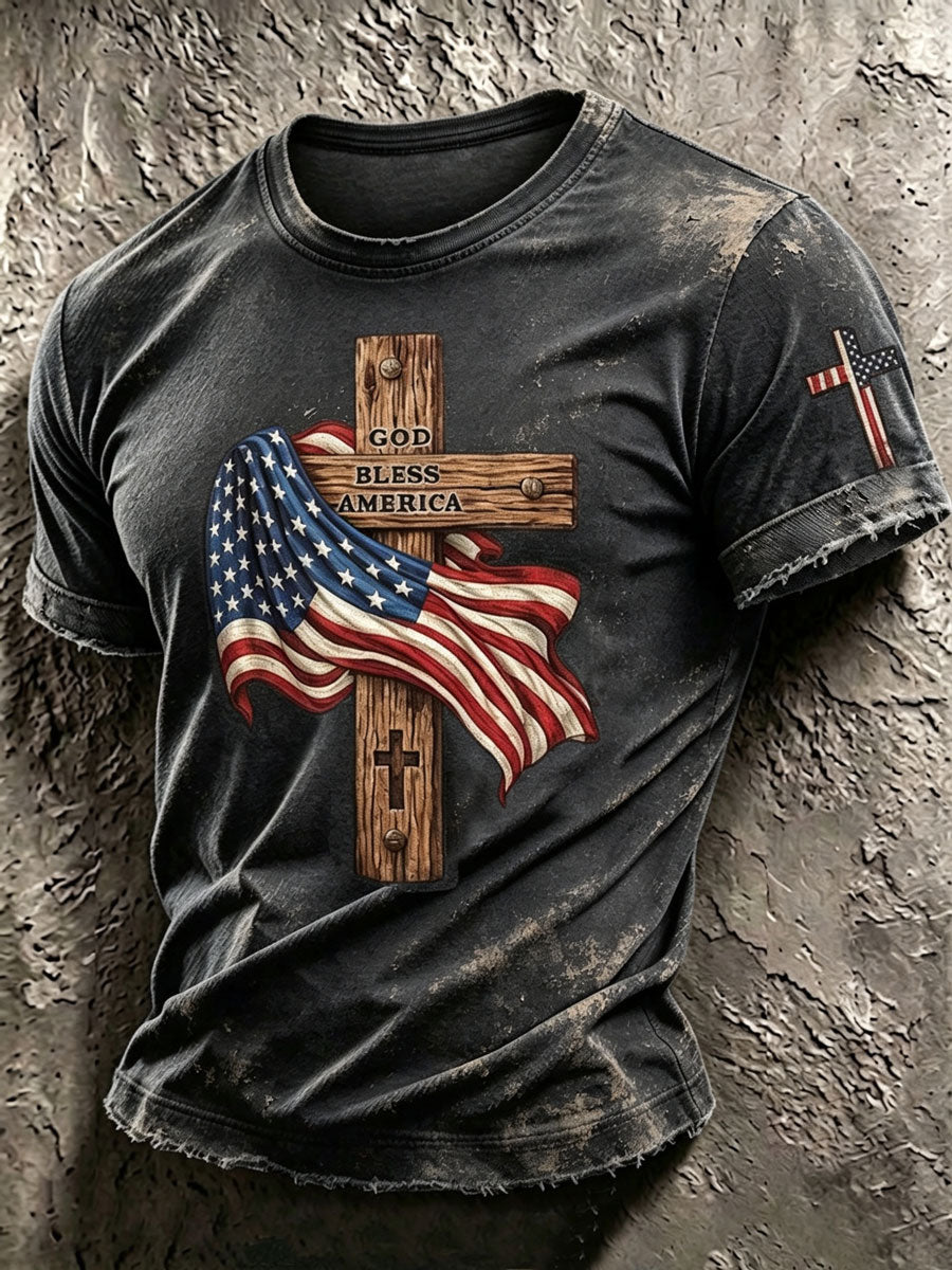 Men'S Retro American Flag Cross ���GOD BLESS AMERICA ���Pattern Short Sleeve T-Shirt