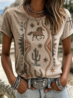 Women's Vintage Wash Cactus Horse Horseshoe Aztec Rope Graphic T-Shirt