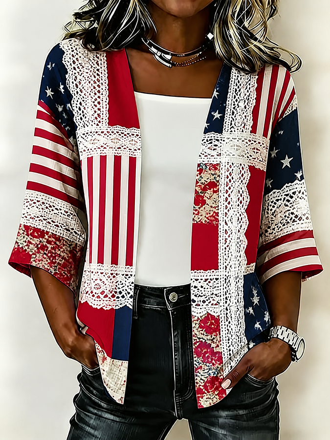 Women'S Casual Loose Independence Day Patriotic Cardigan
