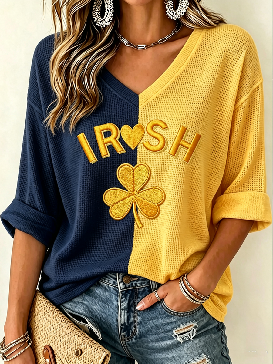 Women'S Rugby Patterned Waffle V-Neck Top